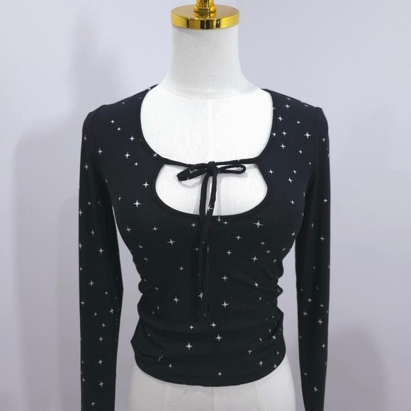 SKIMS Tops - Black Star Print Keyhole Tie Front Long Sleeve Ribbed Knit Top Celestial